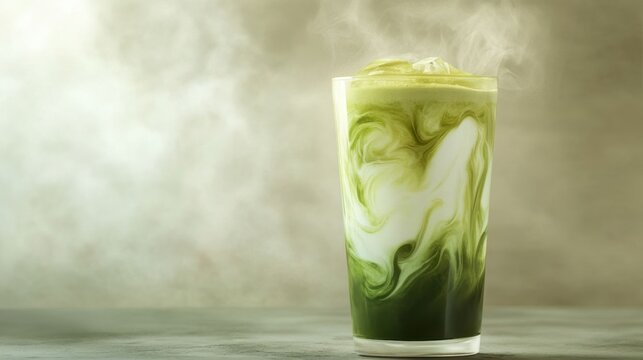 Iced matcha latte with steam.