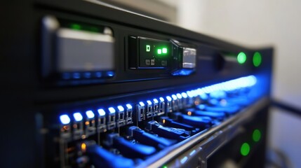 Close-up view of a modern server rack with illuminated indicators and network cables, showcasing technology in action