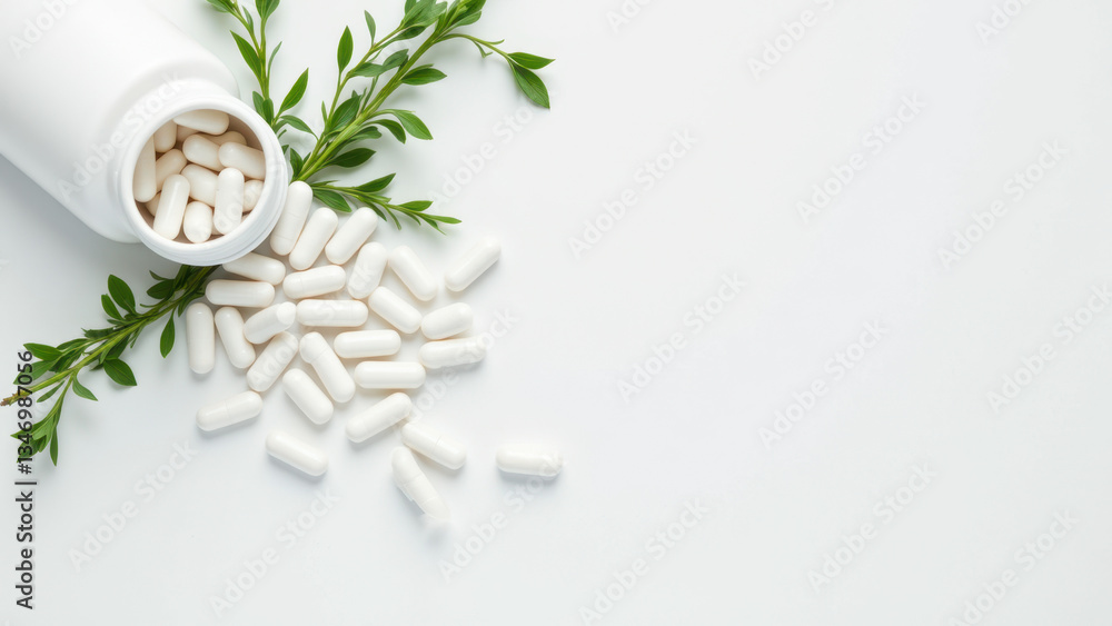 Poster a bottle of magnesium glycinate supplements with tablets spilled out onto a surface, indicating thei