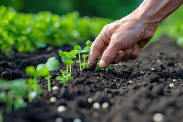 A farmer's hand gently plants seedlings in rich soil, nurturing new life and growth.