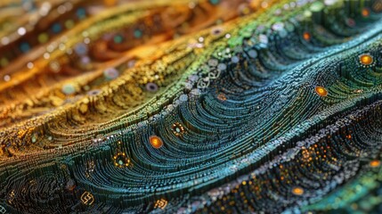 Close-up of colorful abstract waves with intricate patterns and shimmering details, resembling a vibrant landscape