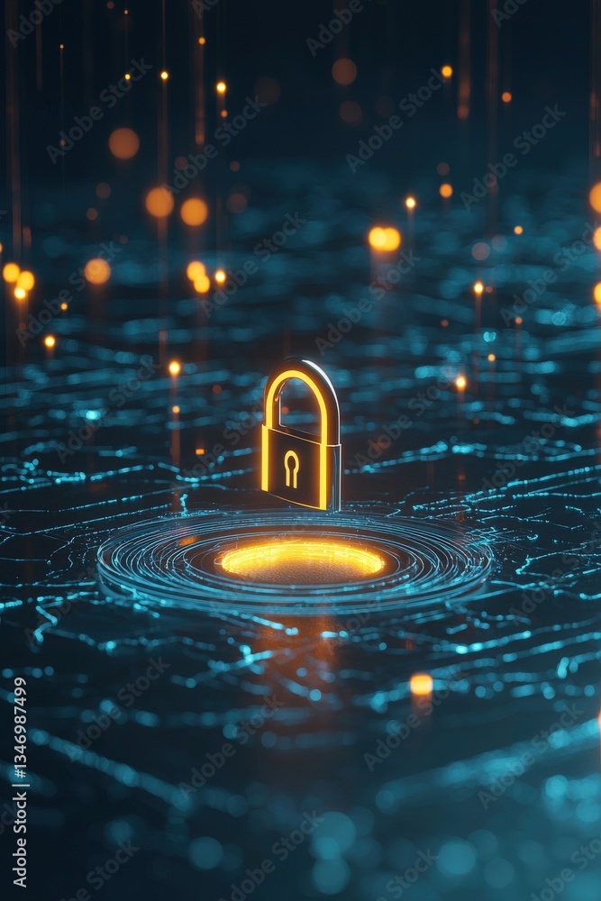 Poster a glowing digital lock symbol surrounded by flowing data streams