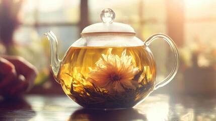 A blooming jasmine tea in glass