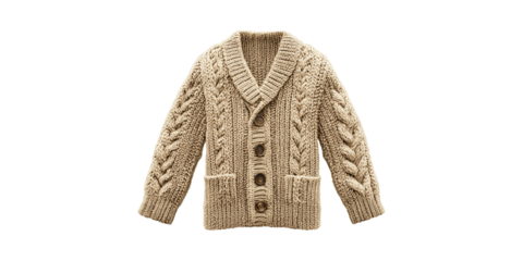Chunky Knit Cardigan With Cable Pattern And Buttons. Cozy Fashion For Cold Weather Isolated On Transparent Background