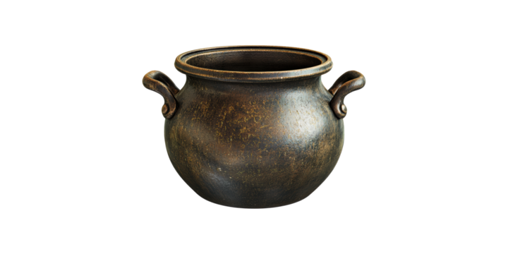Antique Bronze Cauldron With Handles. Historical Cooking Vessel Isolated On Transparent Background