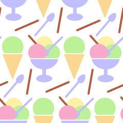 Pistachio Ice cream cone Various Ice cream scoops in bowl Cookie tube Dessert spoon Seamless Pattern