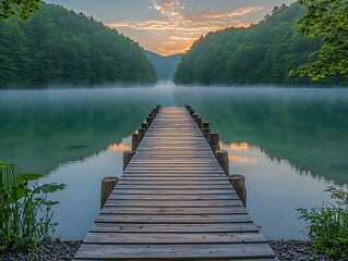 Sunrise Lake Pier Mist Forest
