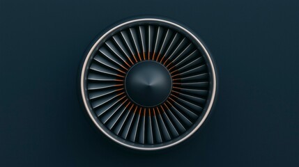 A high-quality close-up shot of the front view of an aircraft jet engine turbine, focusing on the smooth metallic surface and intricate, finely designed blades in sharp detail. , Minimalism Clean and