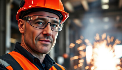 confident worker in safety gear stands in workshop, showcasing dedication and professionalism amidst sparks flying in background