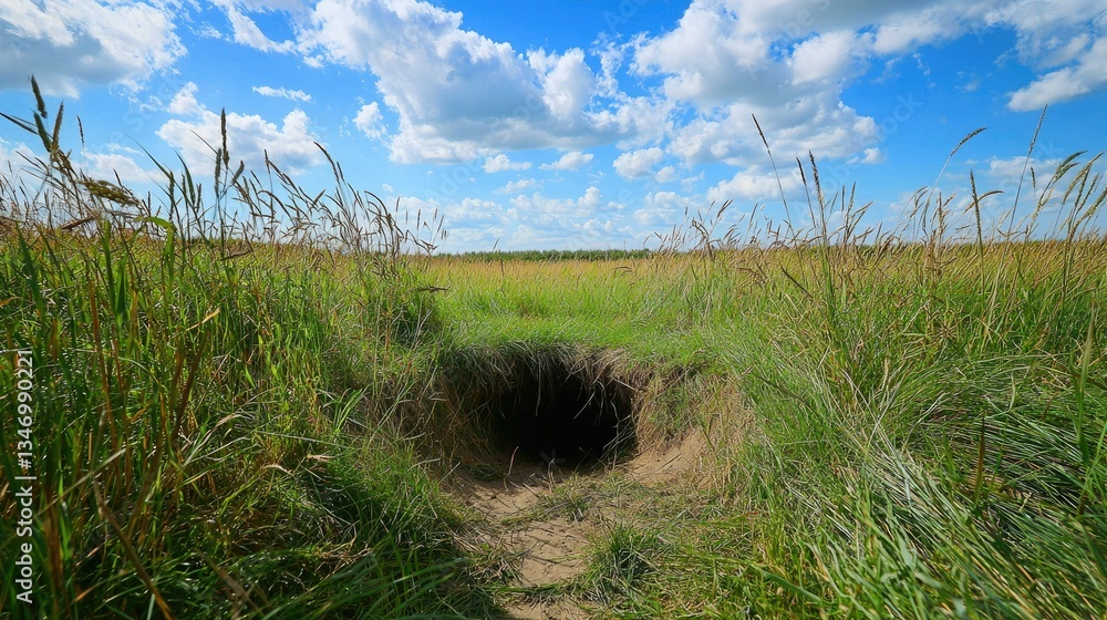 Poster a rabbit hole in a field, with footprints leading toward the entrance and tall grass swaying in the 