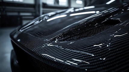 Carbon fiber car hood in a workshop