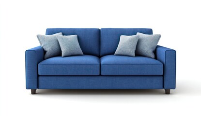 Modern Blue Sofa with Decorative Pillows on a Plain Background