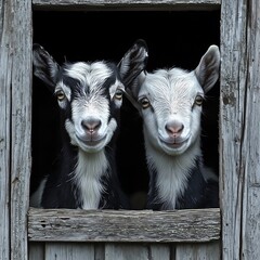 Curious Goats Gaze Through Rustic Barn Window.