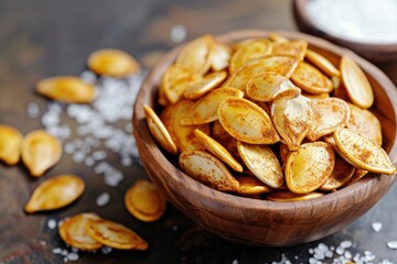 Spicy roasted pumpkin seeds in a wooden bowl, seasoned with salt and spices.