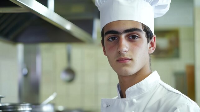 Young chef in white uniform, kitchen.