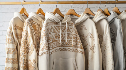 A collection of patterned hoodies hanging on wooden hangers against a white brick wall.