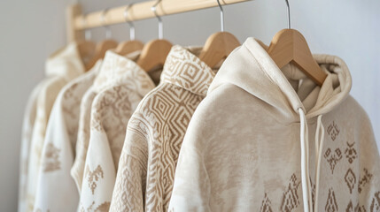 Close-up of beige and white patterned hoodies hanging on wooden hangers in a row.