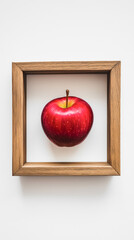 A vibrant red apple framed in a wooden border against a clean white background.