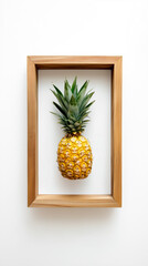 A vibrant pineapple framed in wood against a white background, creating a modern and artistic display.
