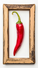 Vibrant red chili pepper encased in a rustic wooden frame, showcasing its bold color and sleek shape.