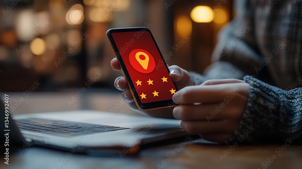 Poster smartphone with location icons in modern cafe, a person using a smartphone with location icons float