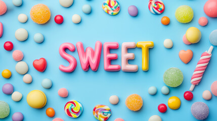 Colorful candy assortment spelling 'SWEET' on a vibrant blue background, creating a cheerful and playful atmosphere.