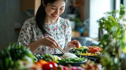 A young woman preparing bibimbap.