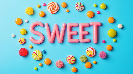 Colorful candy assortment spelling 'SWEET' on a bright blue background.