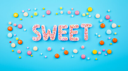 Colorful candies form the word 'SWEET' on a vibrant blue background, surrounded by an array of multicolored sweets.