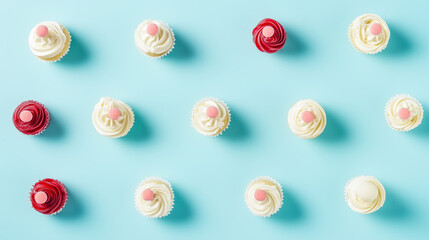 Colorful cupcakes with red and white frosting arranged on a bright blue background, creating a playful and appetizing pattern.