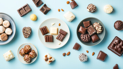 Assorted chocolates and candies elegantly displayed on plates against a light blue background.