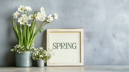 Chic spring decor with white flowers in metal pots and a 'Spring' sign on a light grey background.
