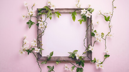 Rustic wooden frame adorned with delicate white flowers against a soft pink background.