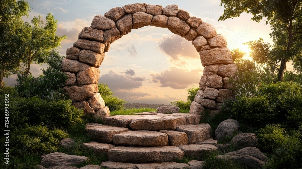 Poster explo the hidden gem of a majestic stone archway framed by lush greenery in a stunning 2-giixel phot