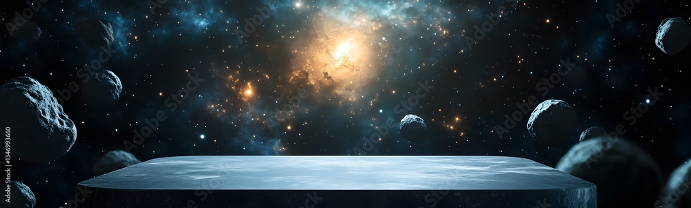 Poster a floating podium in zero gravity, surrounded by asteroids and space debris.