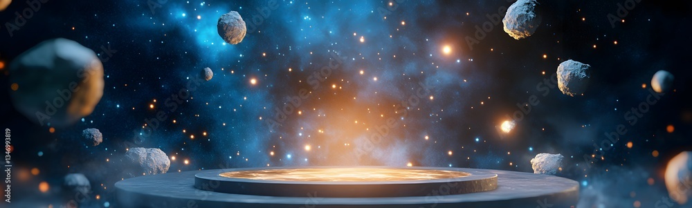 Poster a floating podium in zero gravity, surrounded by asteroids and space debris.