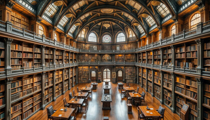 Obraz premium Reading hall. A huge ancient library. A large room with books