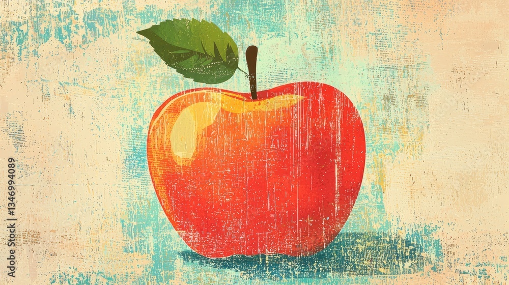 Poster a retro-inspired apple illustration with a textured finish and bold outlines.