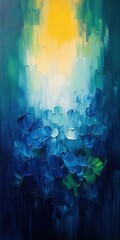 Abstract painting of blue flowers merging with vibrant yellow light, creating a serene and calming atmosphere.