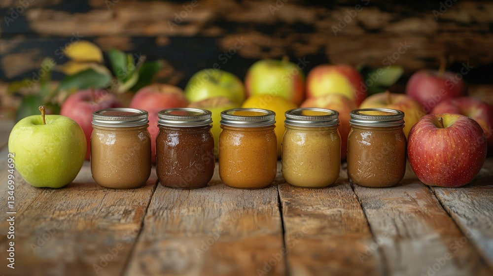 Poster a rustic kitchen table with a jar of homemade apple sauce surrounded by apples.