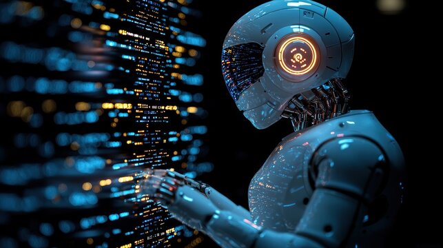 Futuristic robot interacting with digital code