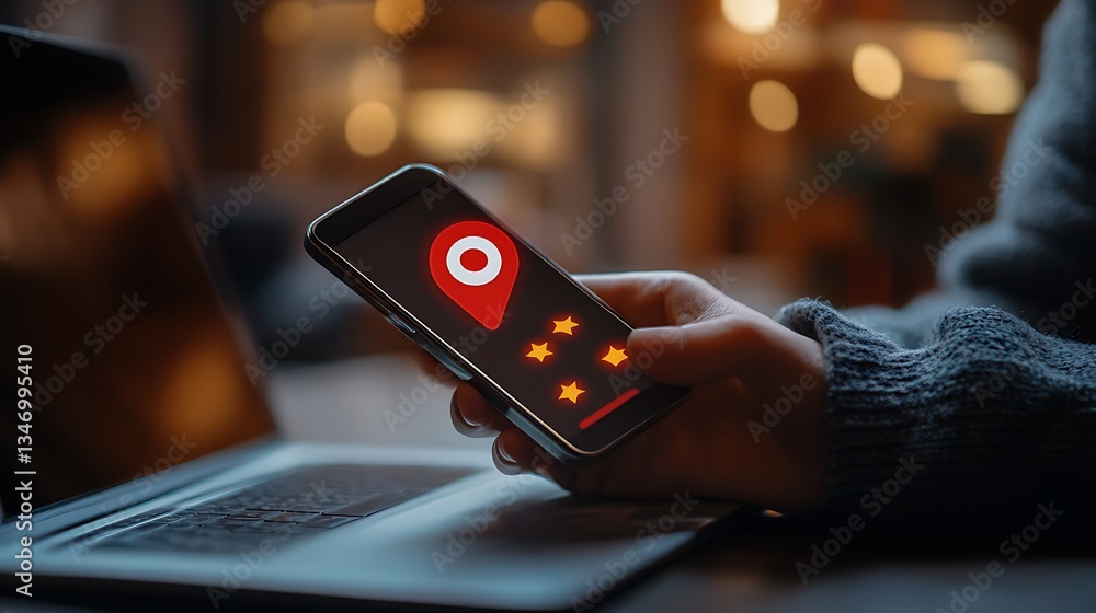 Poster smartphone with location icons in modern cafe, a person using a smartphone with location icons float