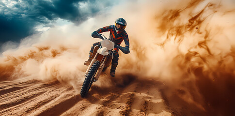 Unleashing the Beast: A motocross rider fearlessly carves through a cloud of dust on a dirt bike, capturing the essence of speed, precision, and raw power in an action-packed photograph.