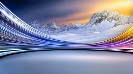 Abstract winter landscape with vibrant light streaks across a snowy mountain valley.