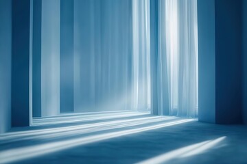 Serene Blue Room Interior Design Sheer Curtains, Sunlight, Minimalist Architecture