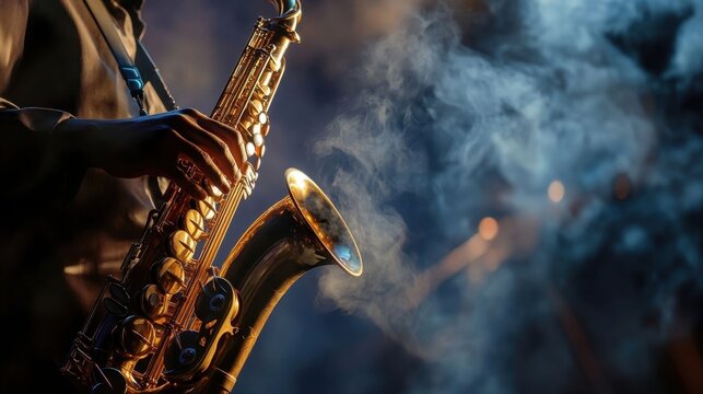 Saxophonist performing jazz at night.
