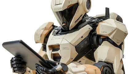 Futuristic robot using tablet in white background