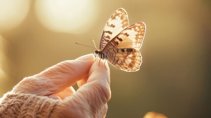 Elderly woman holds delicate butterfly.