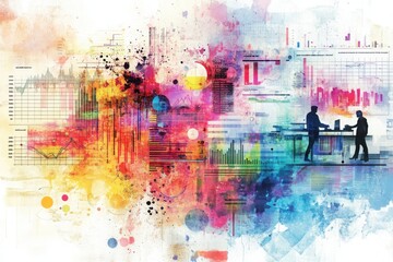 Abstract data visualization with two silhouetted figures at a desk analyzing charts and graphs