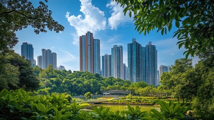 Urban park with high-rise buildings, lush greenery, and blue sky. Possible use Stock photo for real estate, tourism, or environmental themes